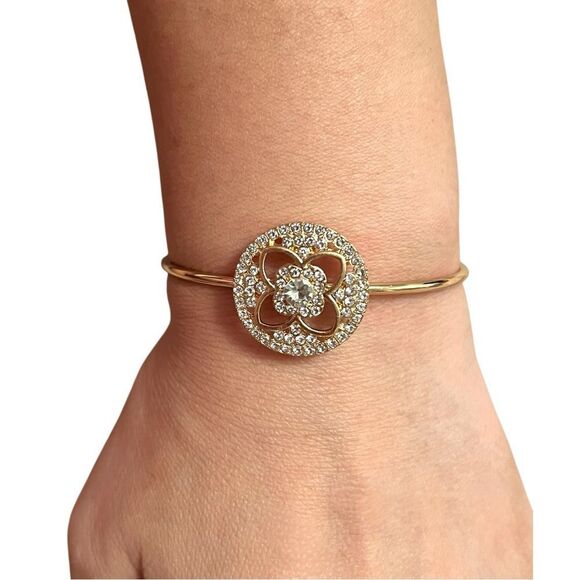 Elegant Round Clover Clear Rhinestone Gold Tone Open Cuff Bracelet - Picture 3 of 3
